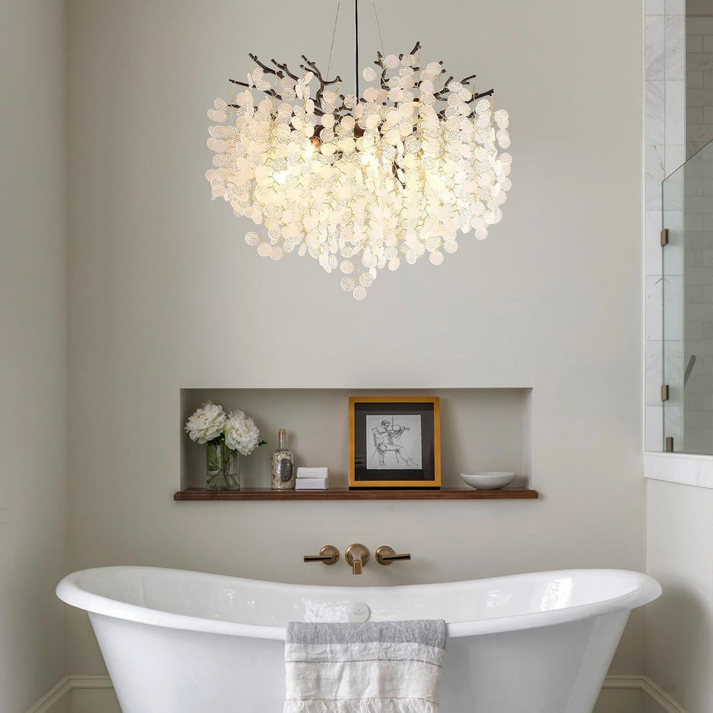 24-Inch Black Tree Branch Chandelier, 8-Light Modern Coastal Chandelier, Round Crystal Dining Room Light Fixtures for Foyer Entryway Stairwell, Bathroom Chandeliers Over Tub, E12
