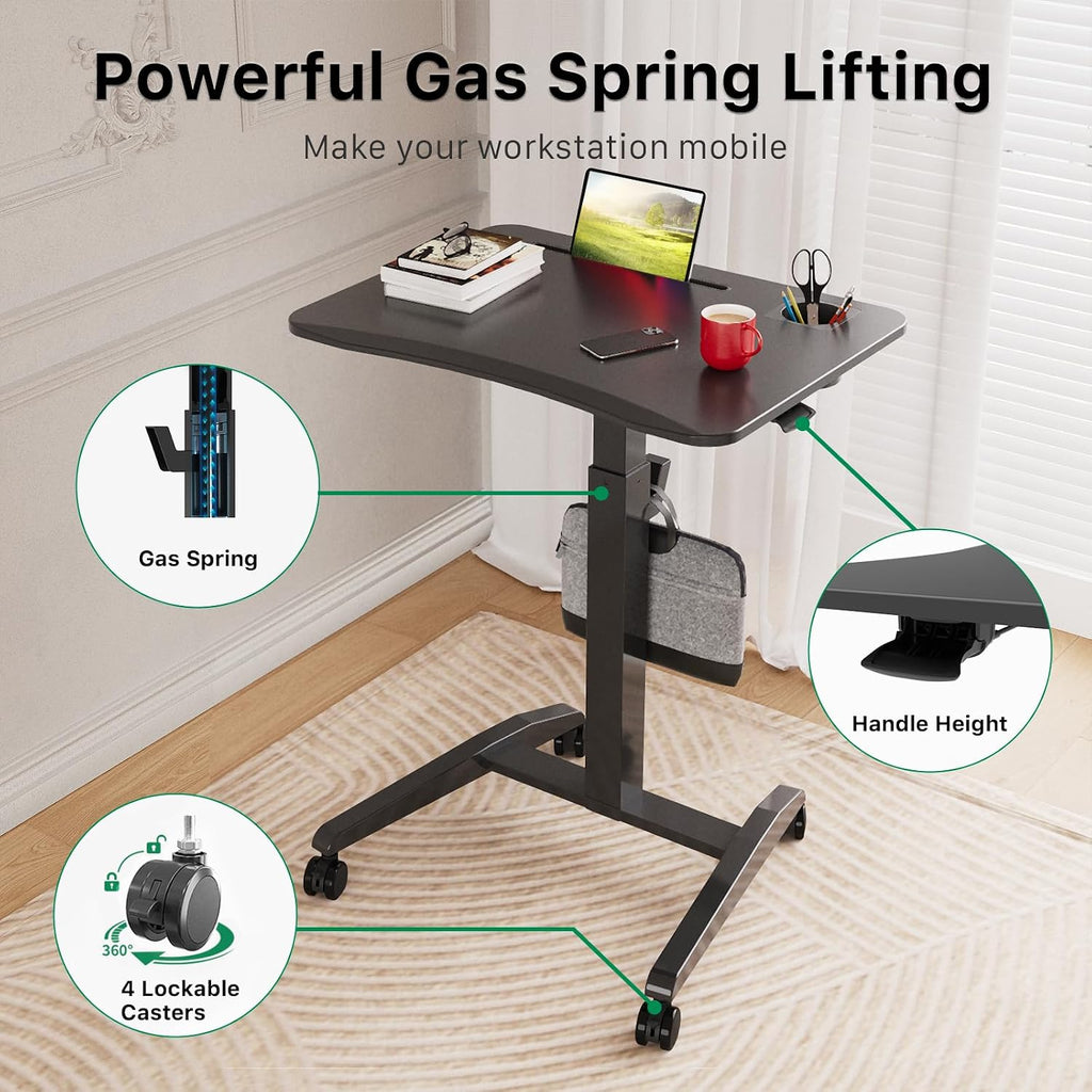 Gibbon Mounts Mobile Standing Desk, Height Adjustable Rolling Laptop Desk with Cup Holder, 27 inches Portable Sit Stand Desk with Wheels and Hook, Pneumatic Computer Table, Black