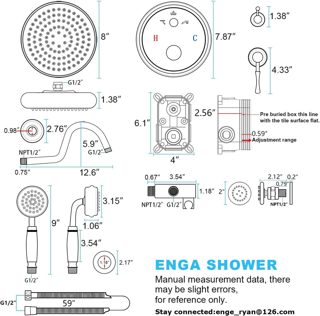 Enga Antique Shower Faucet Sets 8 inch Rainfall Head with Body Jets Handheld Spray Fixtures Combo, Brass 3 Way Diverter Rough in Valve Trim Kit, Bright Gold