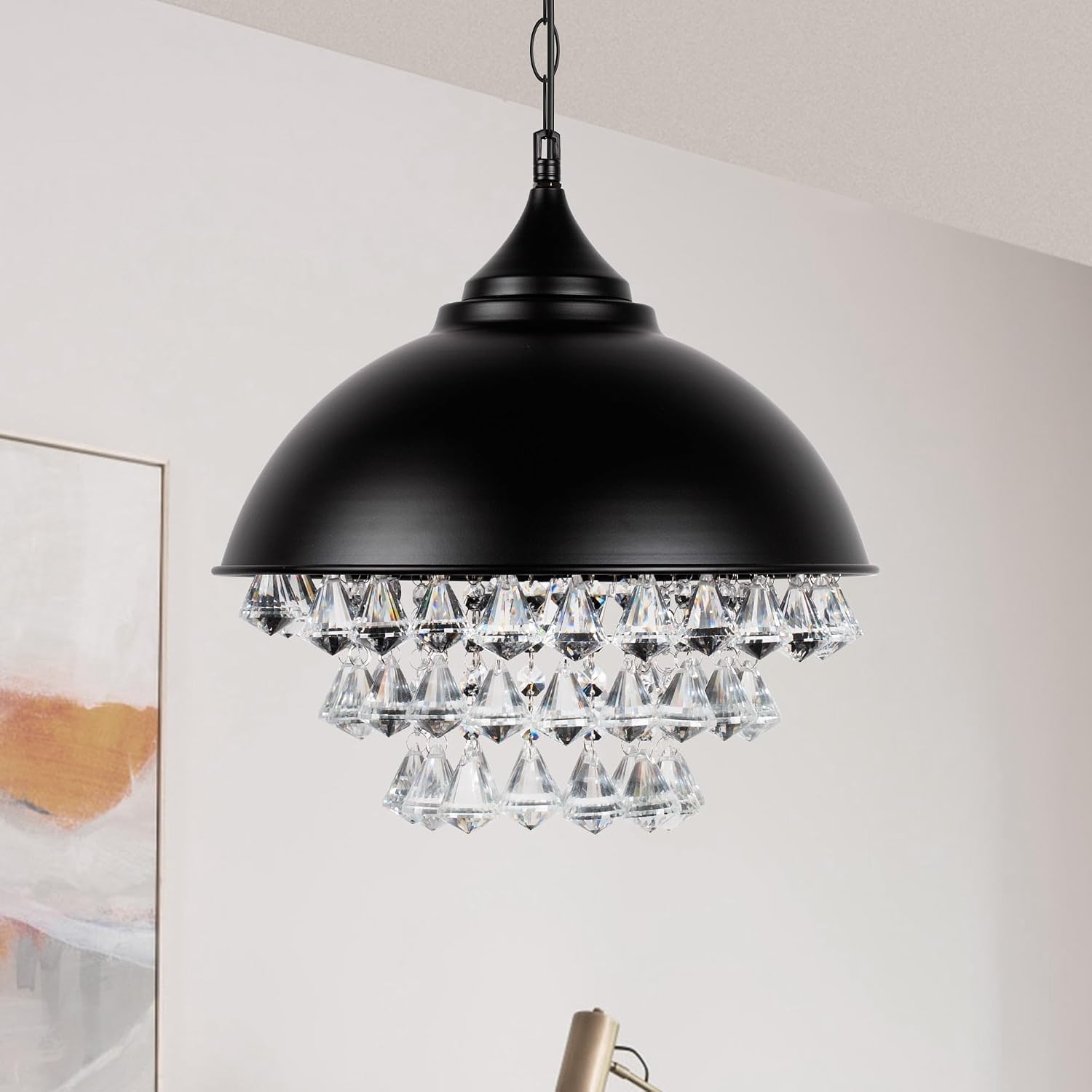 CeilingChaners, Industrial Chaner 1-Light Crystal Pendant Light,Retro Black Wrought Iron Dome Shade Celling Light Hanging Light for Bedroom Dining Room,Bathroom