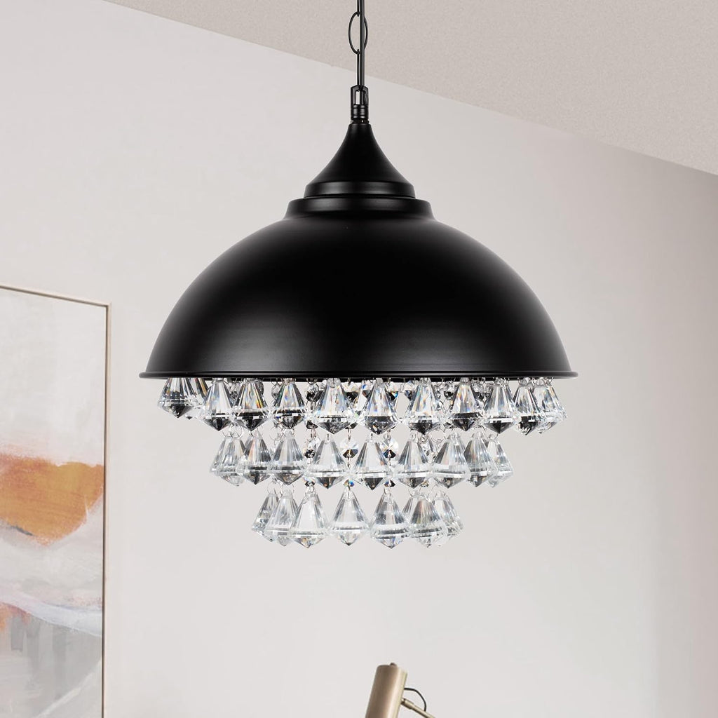 Hanging Lamp, Industrial Chandelier 1-Light Crystal P Light,Retro Black Wrought Iron Dome Shade Celling Light Hanging Light for Bedroom Dining Room,Bathroom