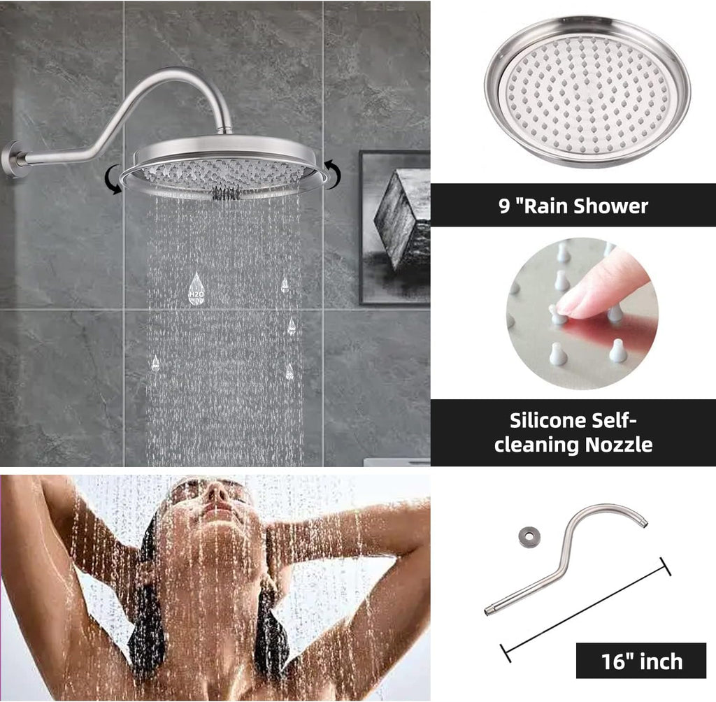All Metal Thermostatic Shower System with Tub Spout Backnets Wall Mounted Shower Faucet Set for Bathroom with 9 Inch Rain Shower Head and Handheld, Rough-in Valve Body and Trim kit, Brushed Nickel
