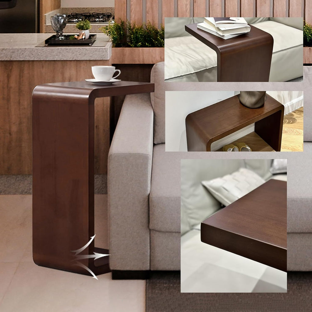 C Shaped End Table, Solid Wood Sofa Side Table for Couch, Bed, and Living Room, Space-Saving Small Snack Table for Bedroom, Office, or Balcony, Wooden Nightstand for Laptop and Narrow Spaces