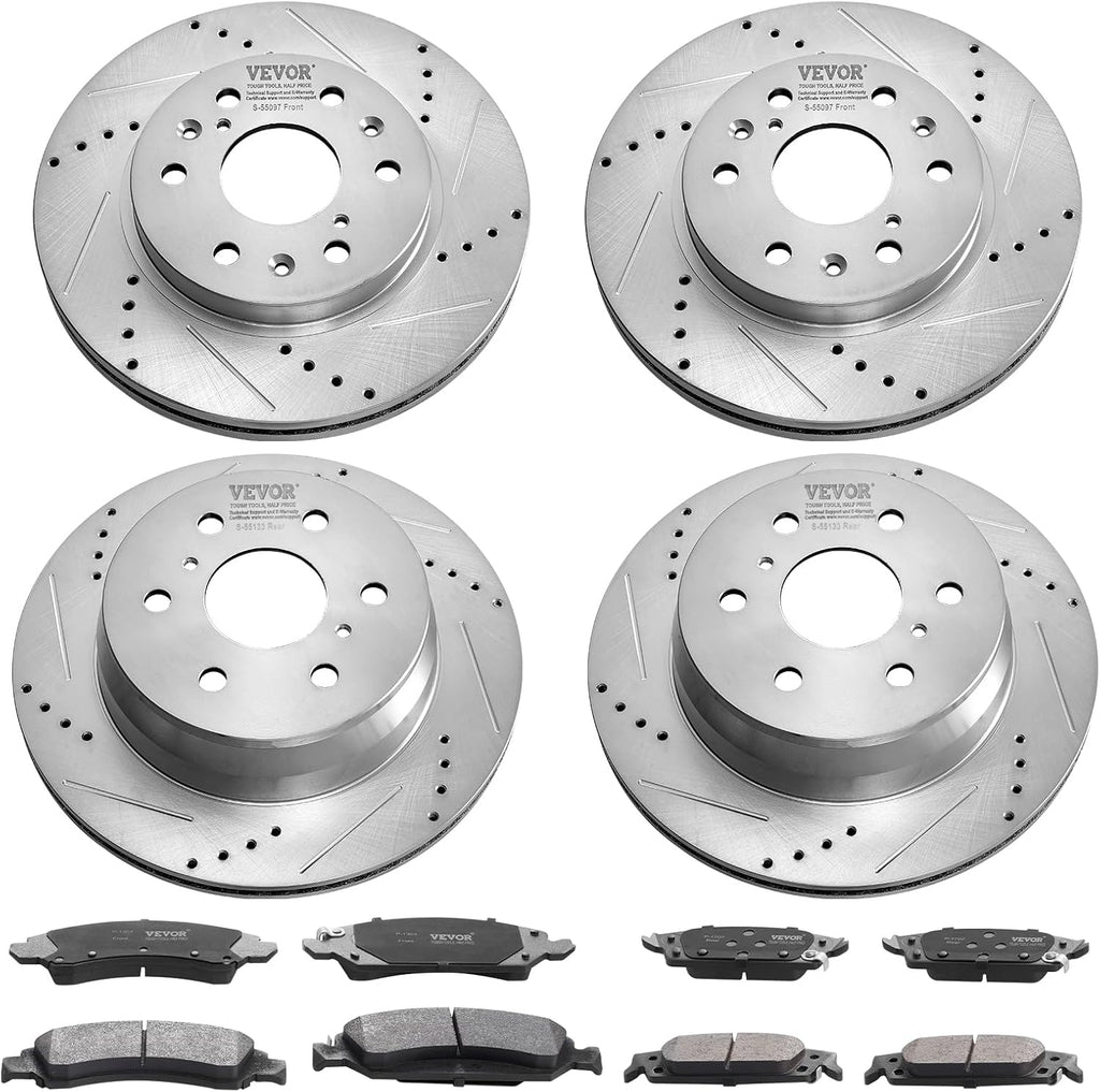 VEVOR Front Rear Brake Kit for 2014-2018 Chevy Silverado GMC Sierra 1500, 2015-2020 Suburban Tahoe Yukon XL Escalade ESV, Drilled & Slotted Brake Rotors Ceramic Brake Pads Replacement Kit