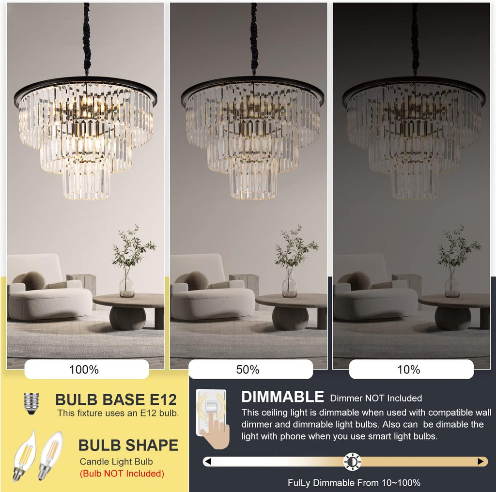 12 Lights 23.64' Black Modern Crystal Chandelier Crystal Pendant Ceiling Light Fixture 3-Tier Hanging Lighting for Dinning Room Bedroom Living Room Foyer