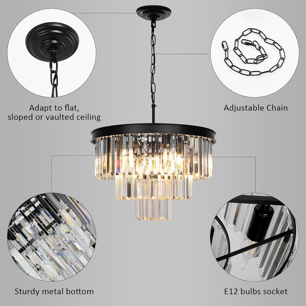 Weesalife Crystal Chandeliers for Dining Room Lights Fixtures, 9 Lights Black Modern Chandeliers for Bedroom, 3-Tier Round Crystal Lighting Fixtures for Living Room Entryway Kitchen Island D20 Inch