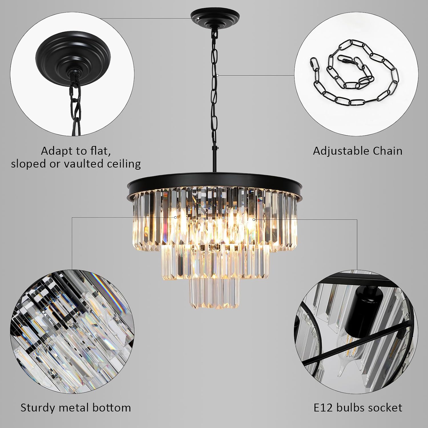 Weesalife Crystal Chandeliers for Dining Room Lights Fixtures, 9 Lights Black Modern Chandeliers for Bedroom, 3-Tier Round Crystal Lighting Fixtures for Living Room Entryway Kitchen Island D20 Inch