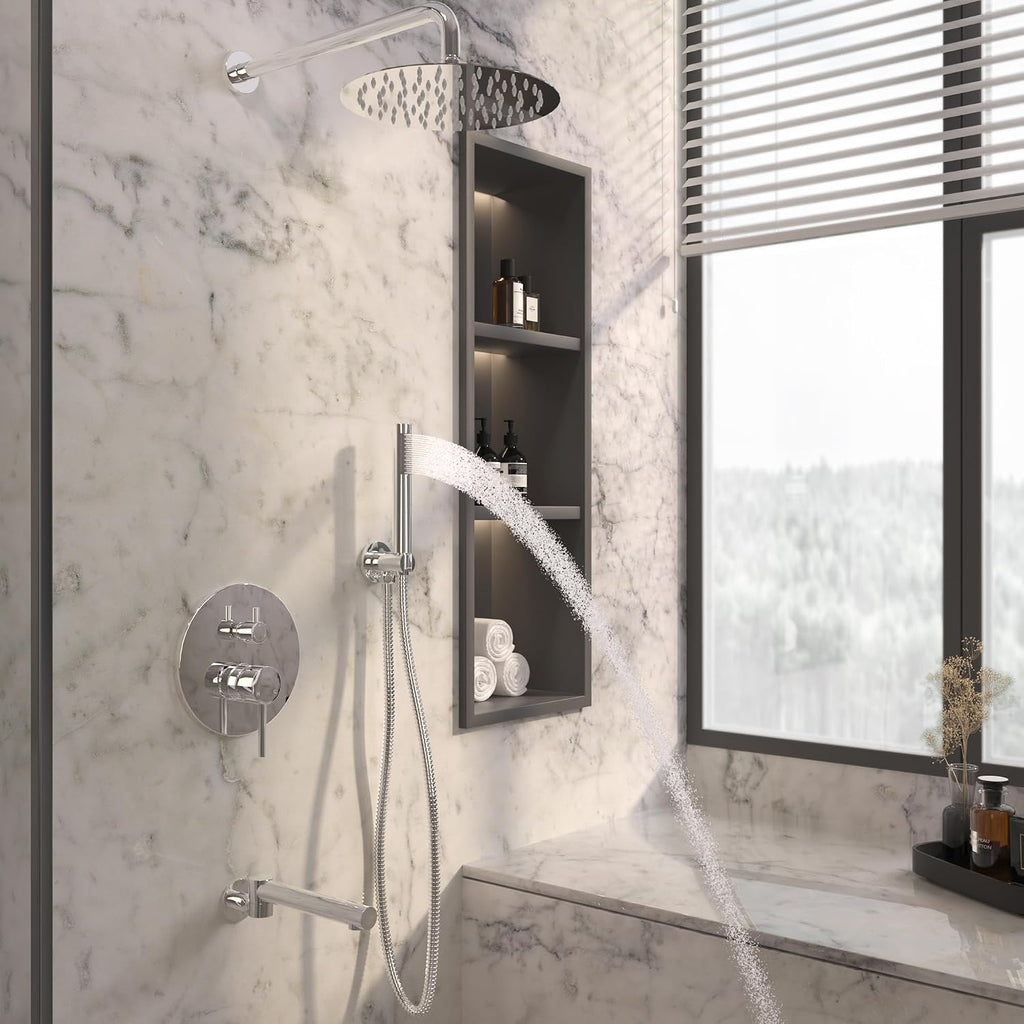 MONDAWE Round Shower Faucets Sets Complete with Tub Spout, Wall Mounted Shower System 10 Inch Rainfall Shower Head with Handheld Combo, Chrome High Pressure Shower Faucet Set