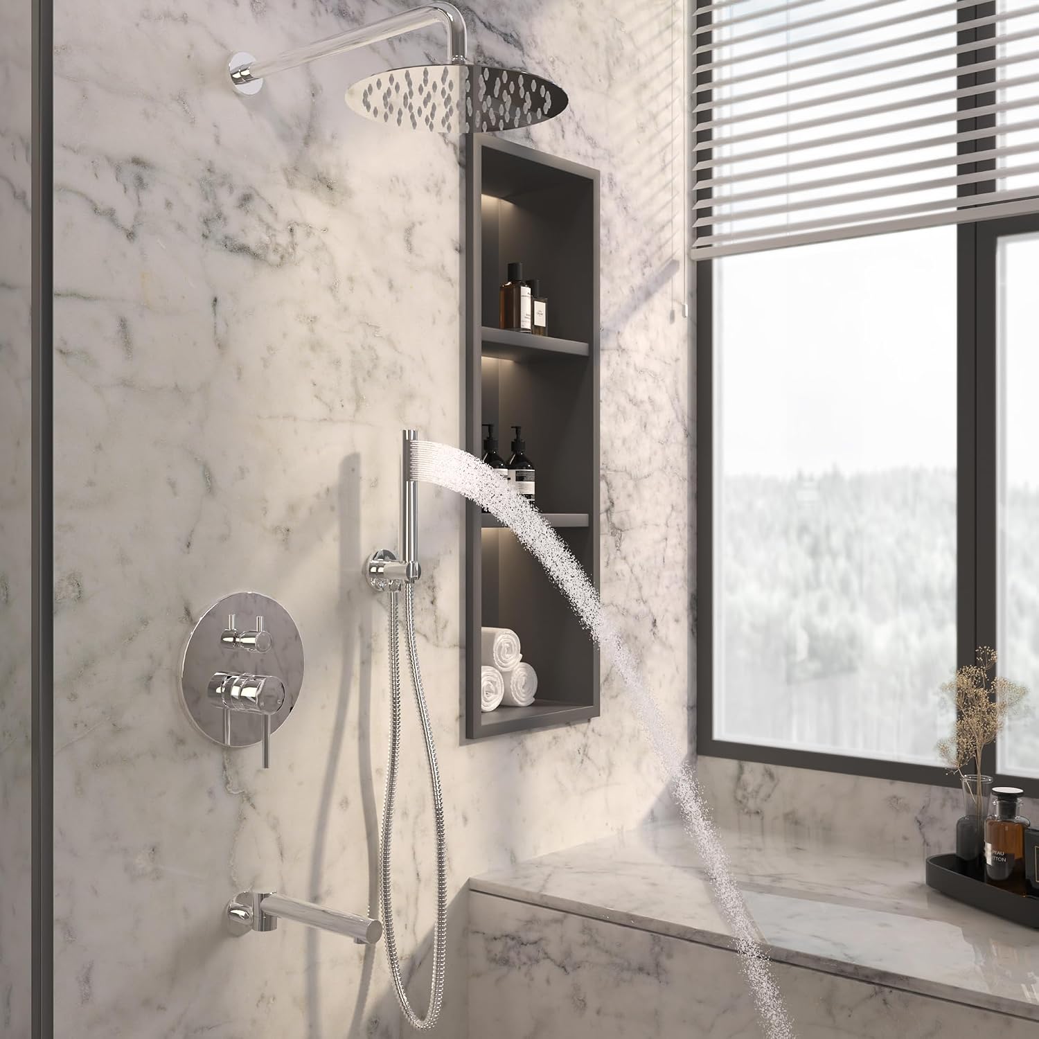 MONDAWE Round Shower Faucets Sets Complete with Tub Spout, Wall Mounted Shower System 10 Inch Rainfall Shower Head with Handheld Combo, Chrome High Pressure Shower Faucet Set