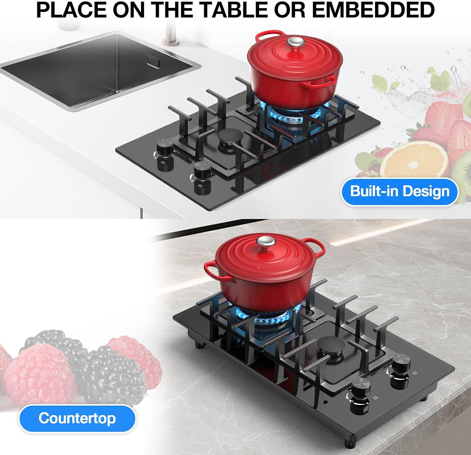 2 Burner Gas Stove Propane Cooktop, Tempered Glass Gas Cooktop 12 inch Stainless Steel Gas Burner with Thermocouple Protection, Lpg/Ng Dual Fuel Built-in Gas Stove Top for Apartments, Rvs