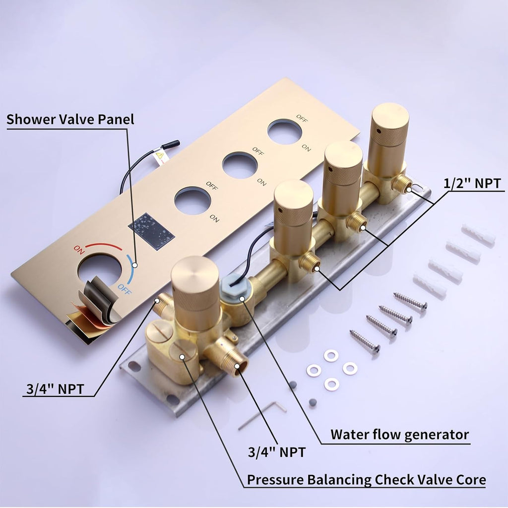 Tempreature Display Shower System Brushed Gold Shower Faucet Set with Wall Mount 8 inch Shower Head and 6 PCS Body Jet, Handheld Spray
