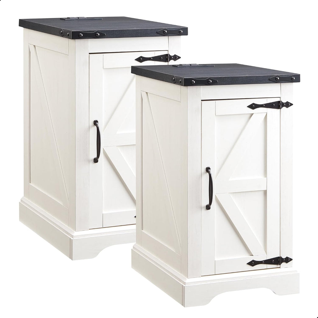 JXQTLINGMU Farmhouse Nightstand Set of 2 with Charging Station, 17' D Rectangular End Table with Barn Door & Adjustable Storage Shelf, Wood Rustic Sofa Side Table for Living Room, Bedroom, White