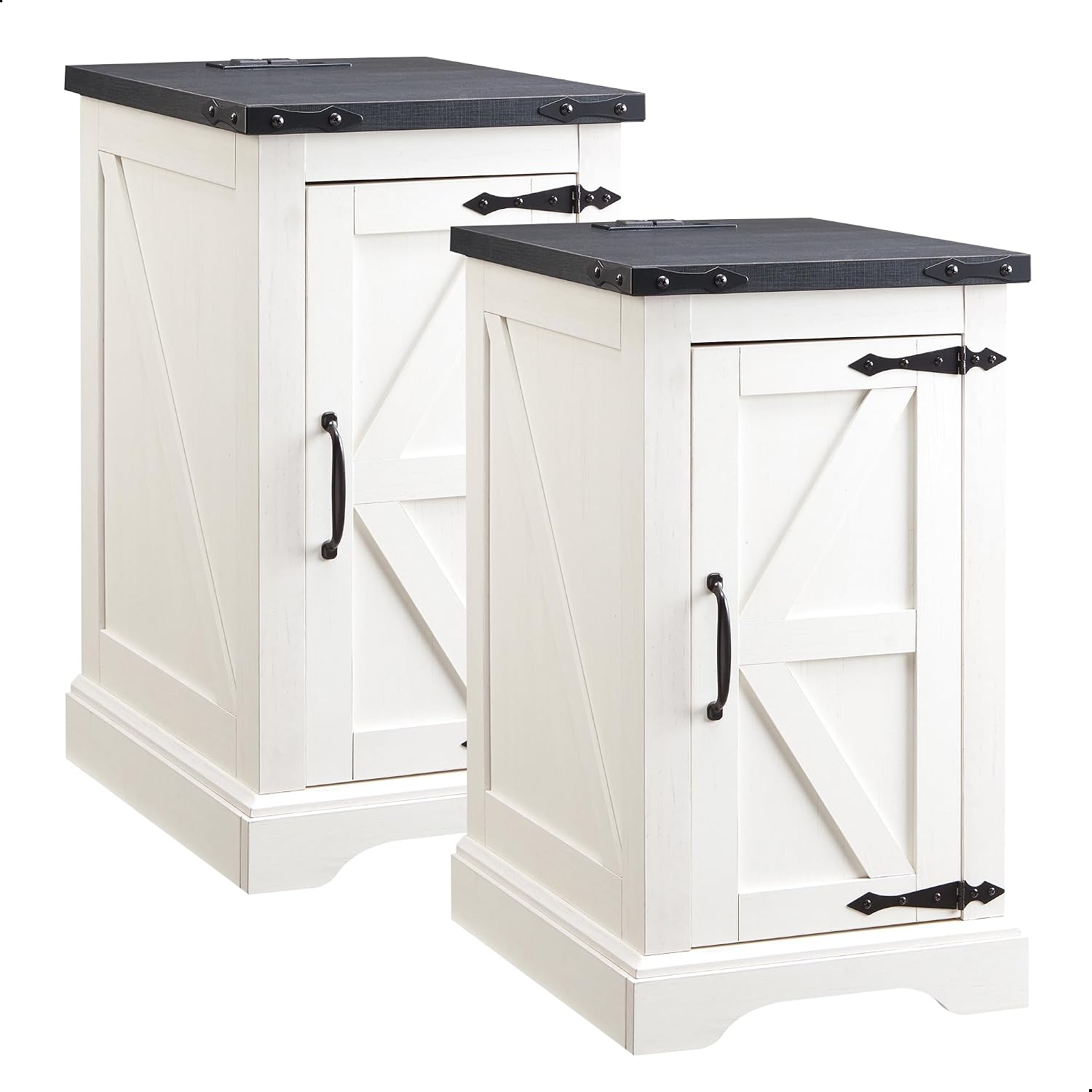 JXQTLINGMU Farmhouse Nightstand Set of 2 with Charging Station, 17' D Rectangular End Table with Barn Door & Adjustable Storage Shelf, Wood Rustic Sofa Side Table for Living Room, Bedroom, White