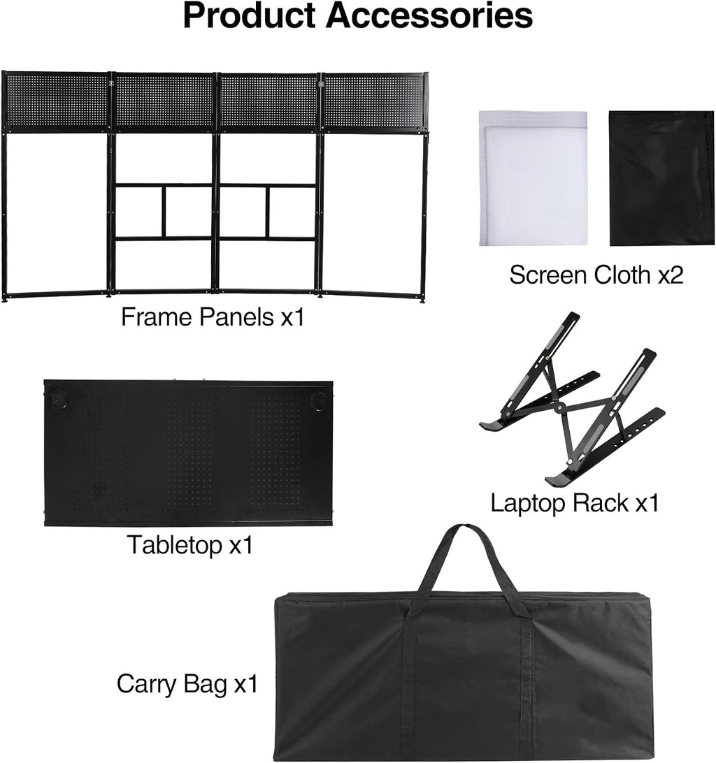 Portable DJ Facade Table Station, 41 x 20 x 40 Inches DJ Facade Booth with Black/White Scrims and Carrying Bag, Metal Frame Folding DJ Stand with Adjustable Height Feet