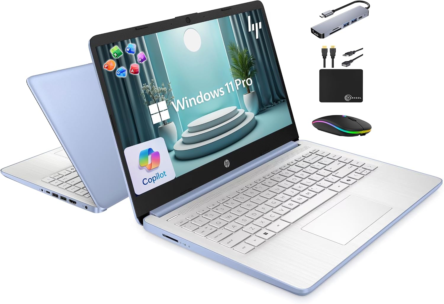 HP 14' Laptop 2025 Business Student Slim Computer, Lifetime MS Office, Copilot AI, Quad-Core Intel CPU, 16GB RAM, 628GB Storage (128GB UFS+500GB Ext), MarxsolAccessory, Wi-Fi 6, Win 11 Pro, Sky Blue