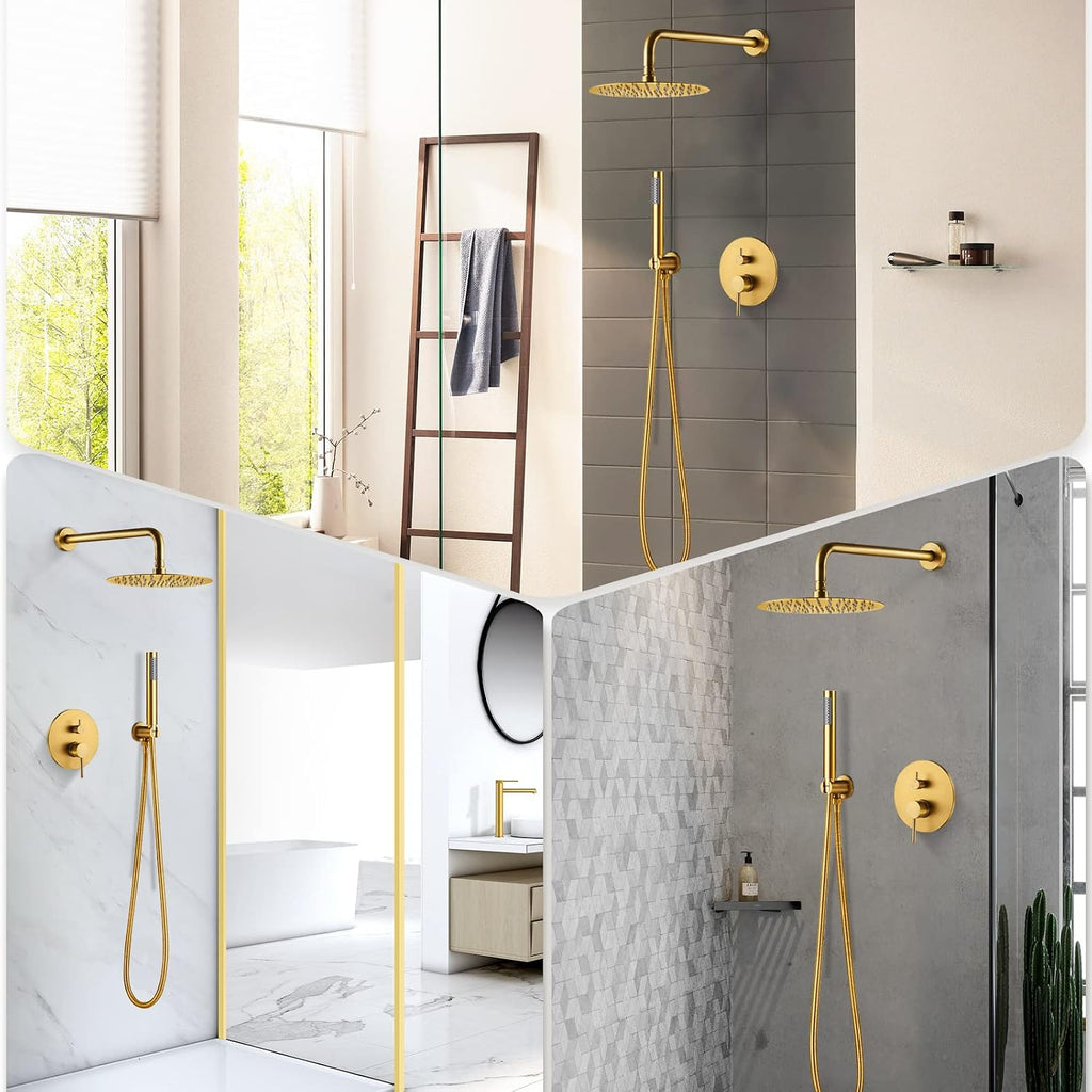 Shower System with Tub Spout: EVERSTEIN Shower Faucet Set Complete, 3-Function Wall Mount 10 Inch High Pressure Round Rain Shower Head with Handheld Sprayer, Tub and Shower Faucet Combo (Brushed Gold)