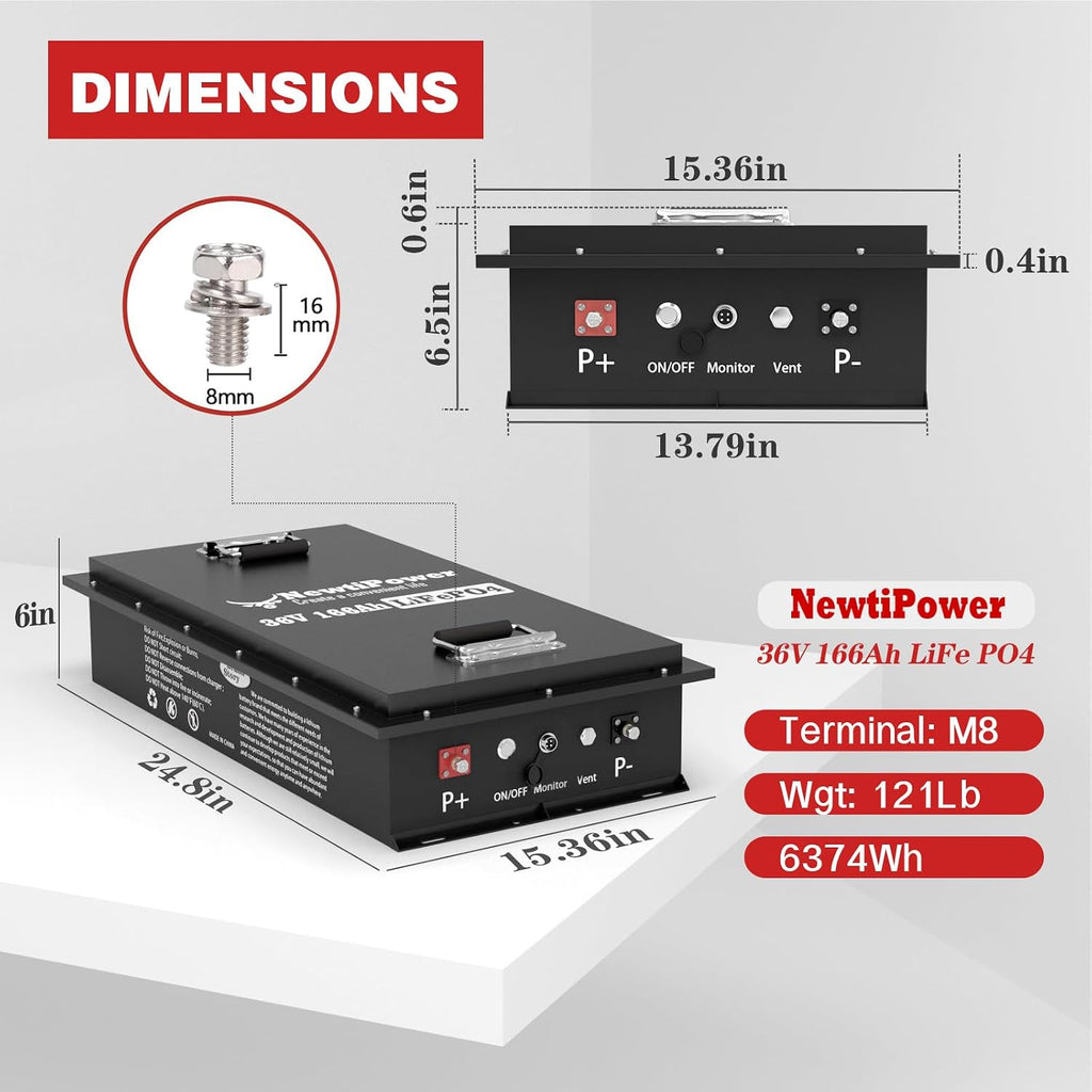 36V 166Ah LiFePO4 Battery Small Size, 6374Wh Lithium Battery with 200A BMS, Up to 10000+ Rechargeable Cycles, Perfect for Golf Cart,RV Camping, Trolling Motor, Solar Power Storage (36V*166Ah)