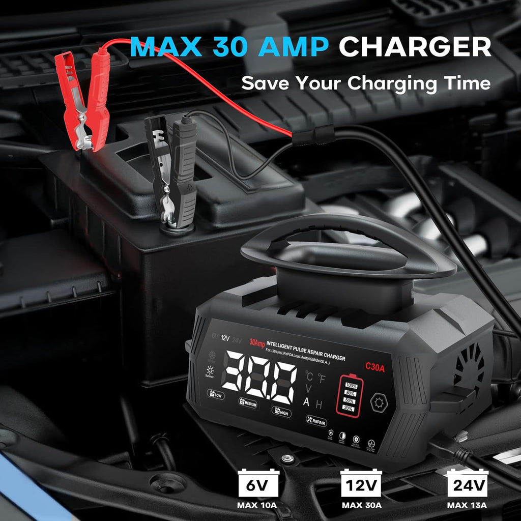 Haisito 30 Amp Car Battery Charger, 12V/24V Lithium LiFePO4 Battery Charger Automatic Battery Maintainer, Portable Smart Trickle Charger for Automotive Car Truck Motorcycle Lawn Mower Boat AGM Gel