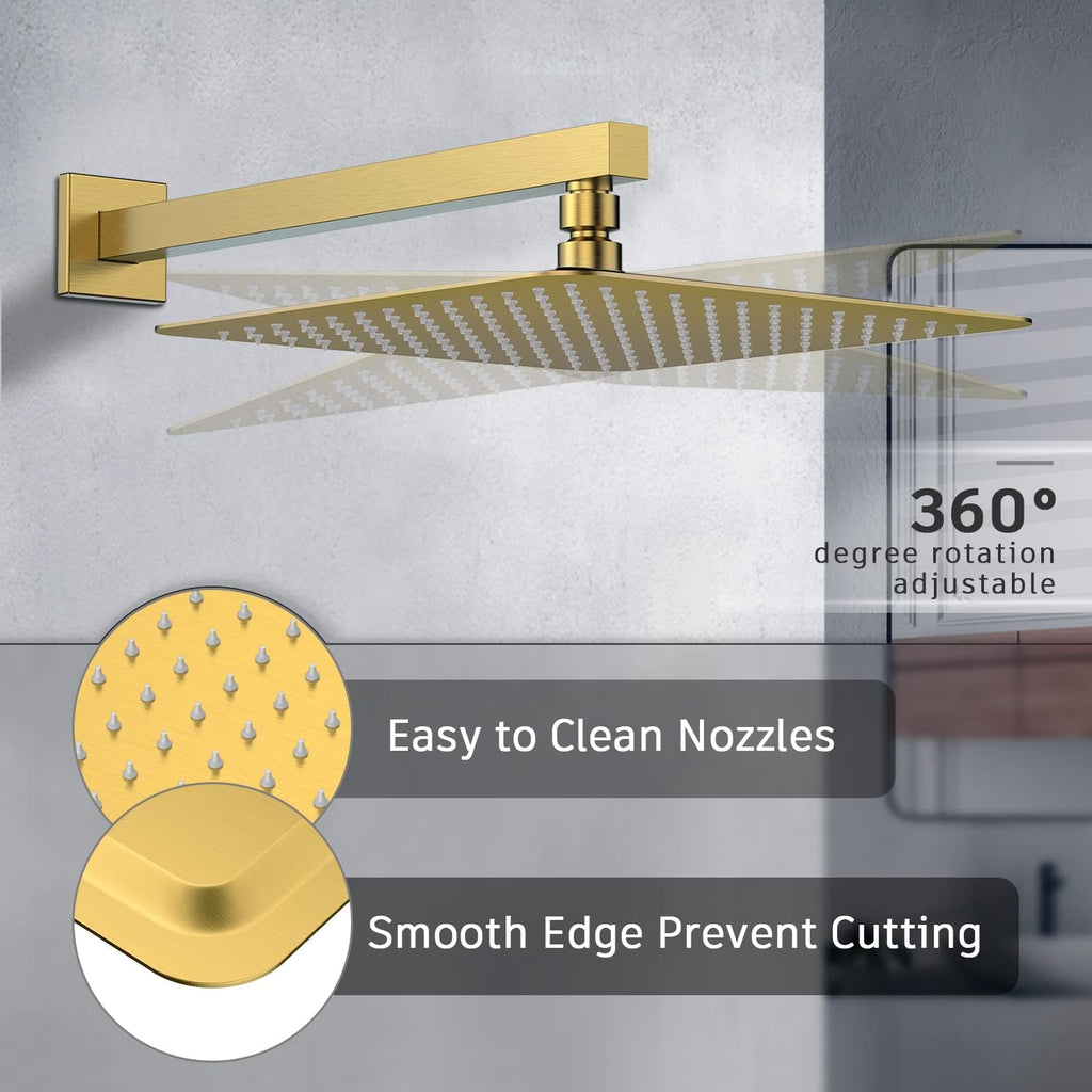 EMBATHER Brushed Gold Shower System- 12 inch Shower Faucet Sets with Rain Shower Head Hand Held Shower Head for Bathroom, Wall Mounted Square Shower Combo Set (Contain Shower Valve and Trim)
