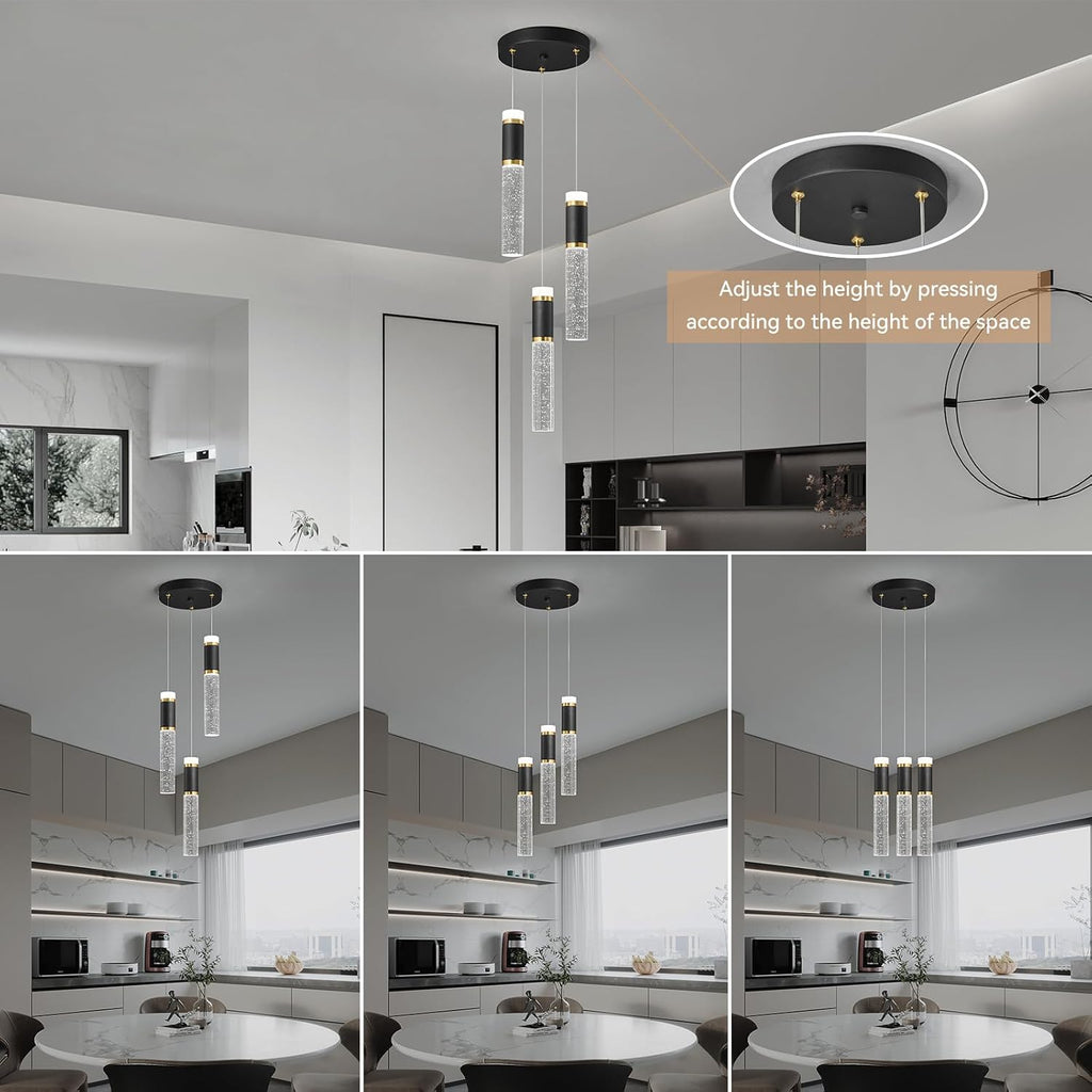 3-Light Pendant Lights Kitchen Island, Dimmable LED Pendant Light Fixtures, Black Gold Pendant Light Modern with Bubble Crystal Pendant Light, Pendant Lighting for Kitchen Island Dining Room