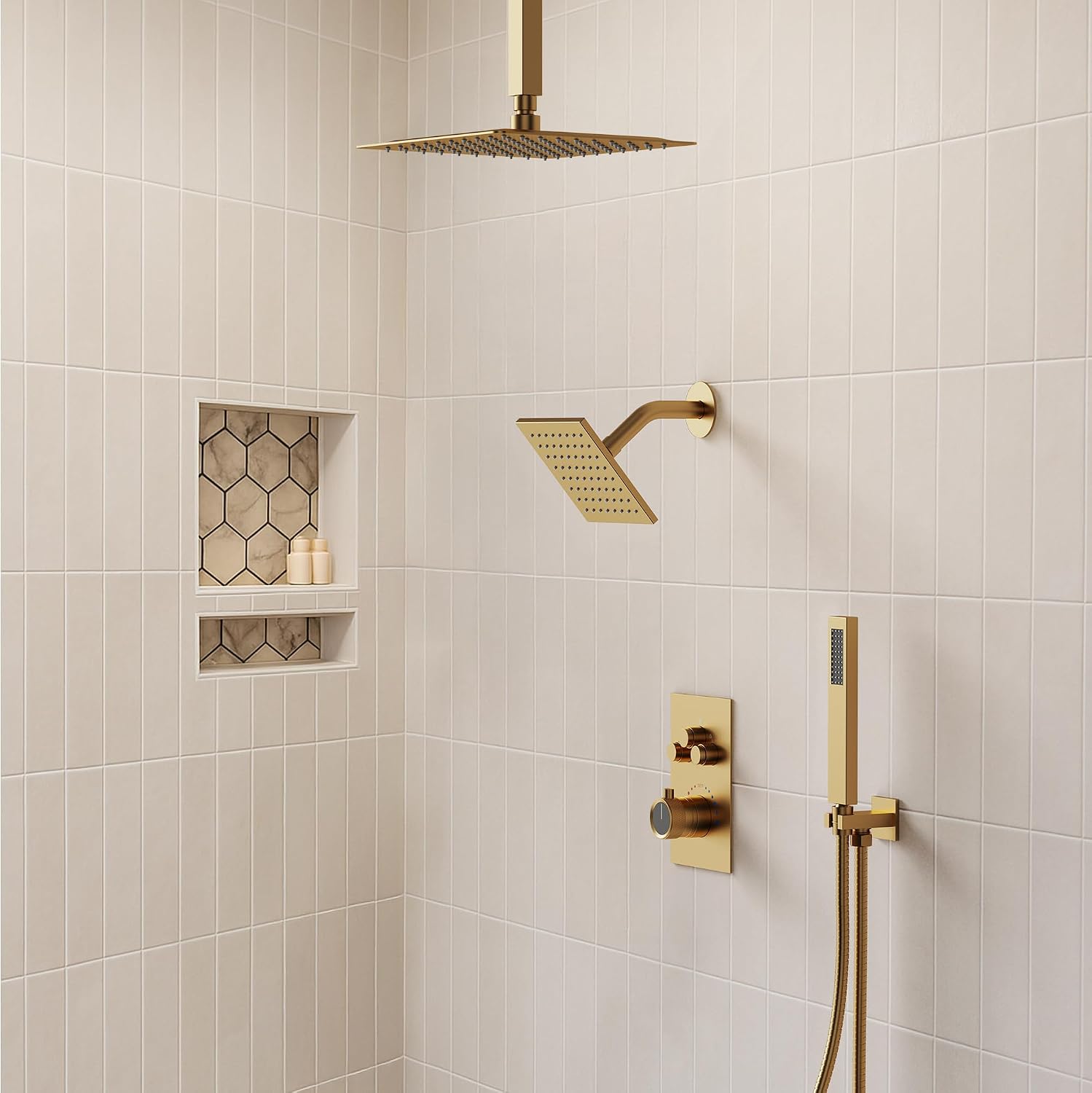 Ceiling Mount 12' High-Pressure Rainfall Shower Faucet, Dual Rainfall Shower Head System with Valve (Brushed Gold)