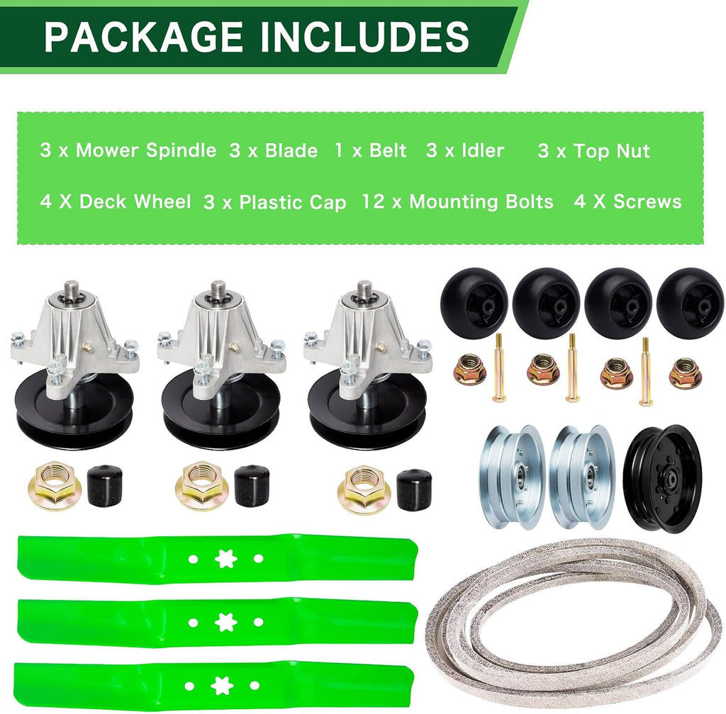 54 inch Lawn Mower Deck Rebuild Kit Fit for Troy Bilt MTD Cub Cadet RZT-L54 ZT1-54 XT1-ST54 XT2-54 Includes(3)Spindles 918-06978(3) Blades 942-05056(3)Idler GY22082 756-04511B(4)Deck Wheel 734-04155