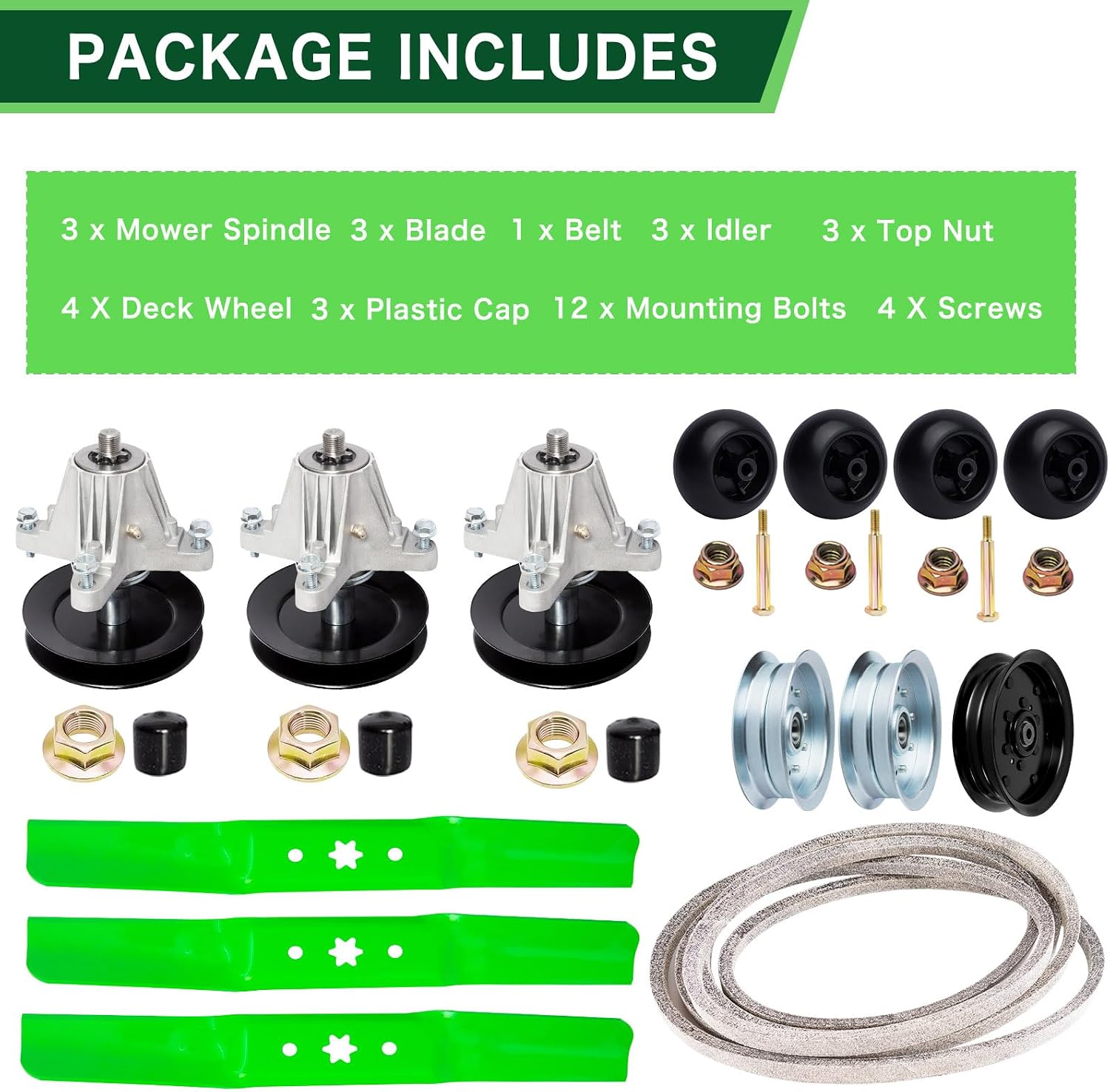54 inch Lawn Mower Deck Rebuild Kit Fit for Troy Bilt MTD Cub Cadet RZT-L54 ZT1-54 XT1-ST54 XT2-54 Includes(3)Spindles 918-06978(3) Blades 942-05056(3)Idler GY22082 756-04511B(4)Deck Wheel 734-04155