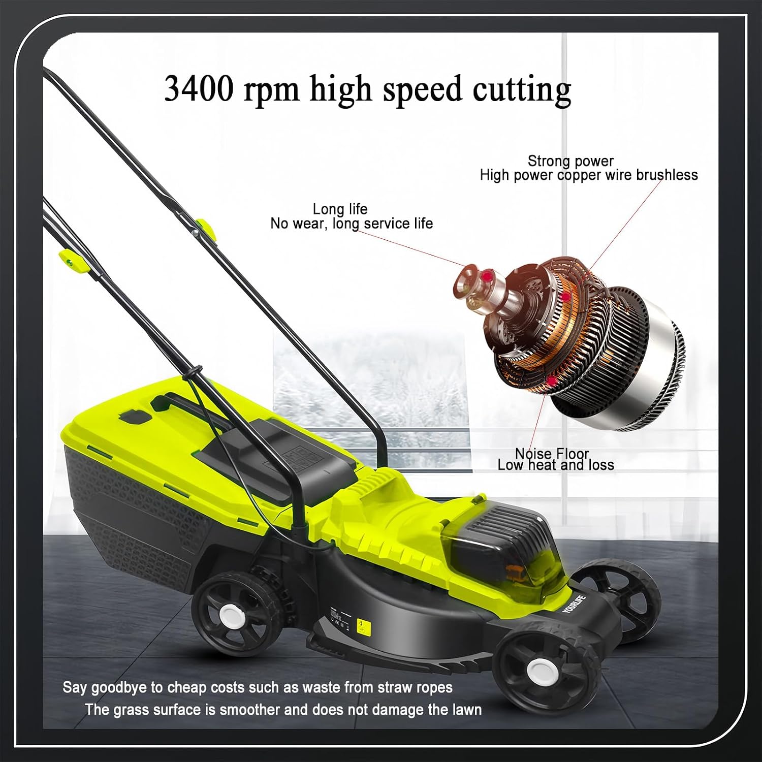 Electric Lawn Mower, 3400 RMP High Speed Cutting, with 45l Large Grass Box, 30/50/70 Mm 3 Adjustable Cutting Heights, Push Lawn Mower for Lawn Mowing Park Landscaping Etc.