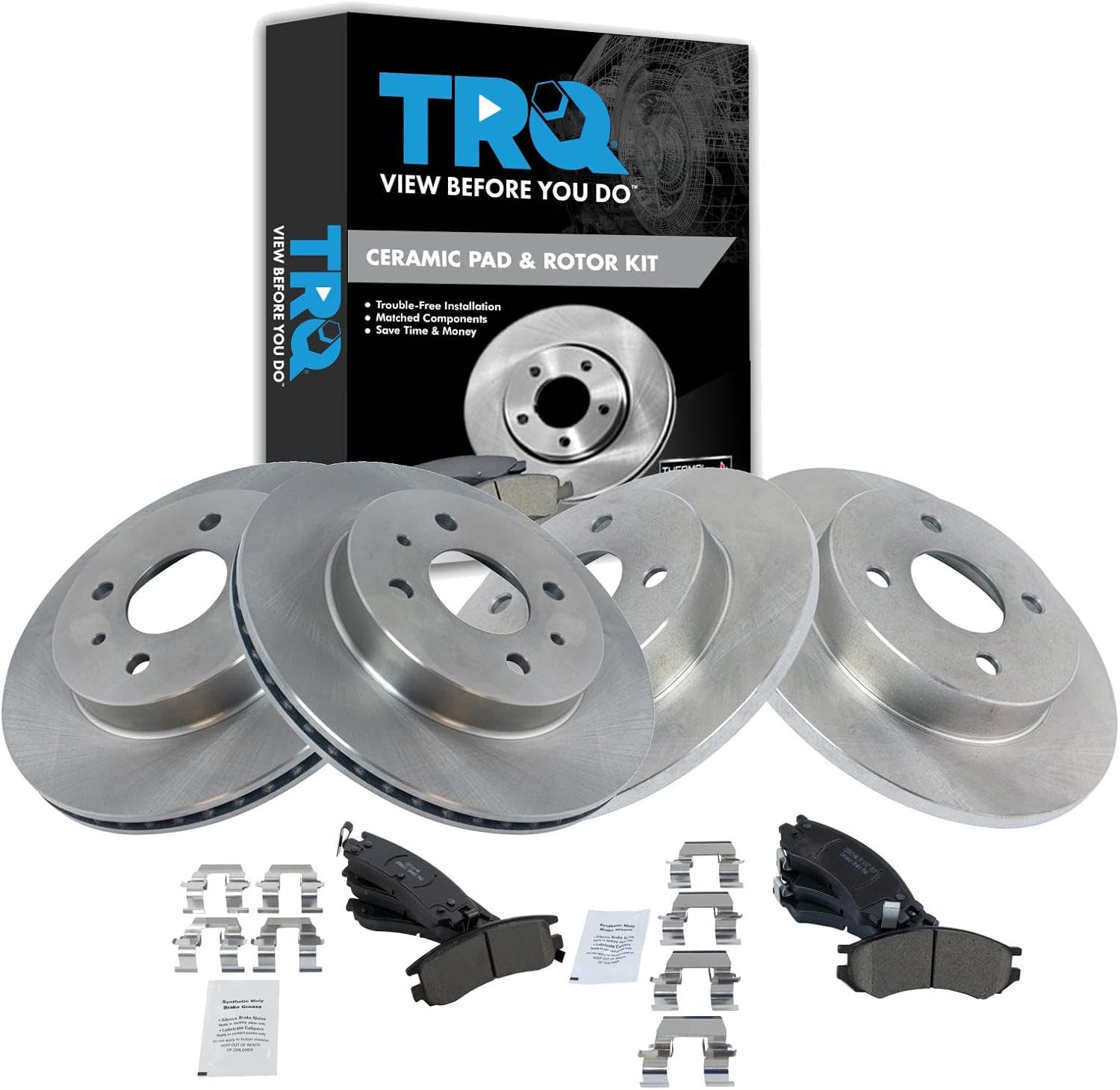 TRQ Front and Rear Brake Pad and Rotor Set Ceramic Compatible with 1991-1992 Saturn SC 1993-1998 SC1 SC2 1991-1998 SL SL1 SL2 SW1 SW2