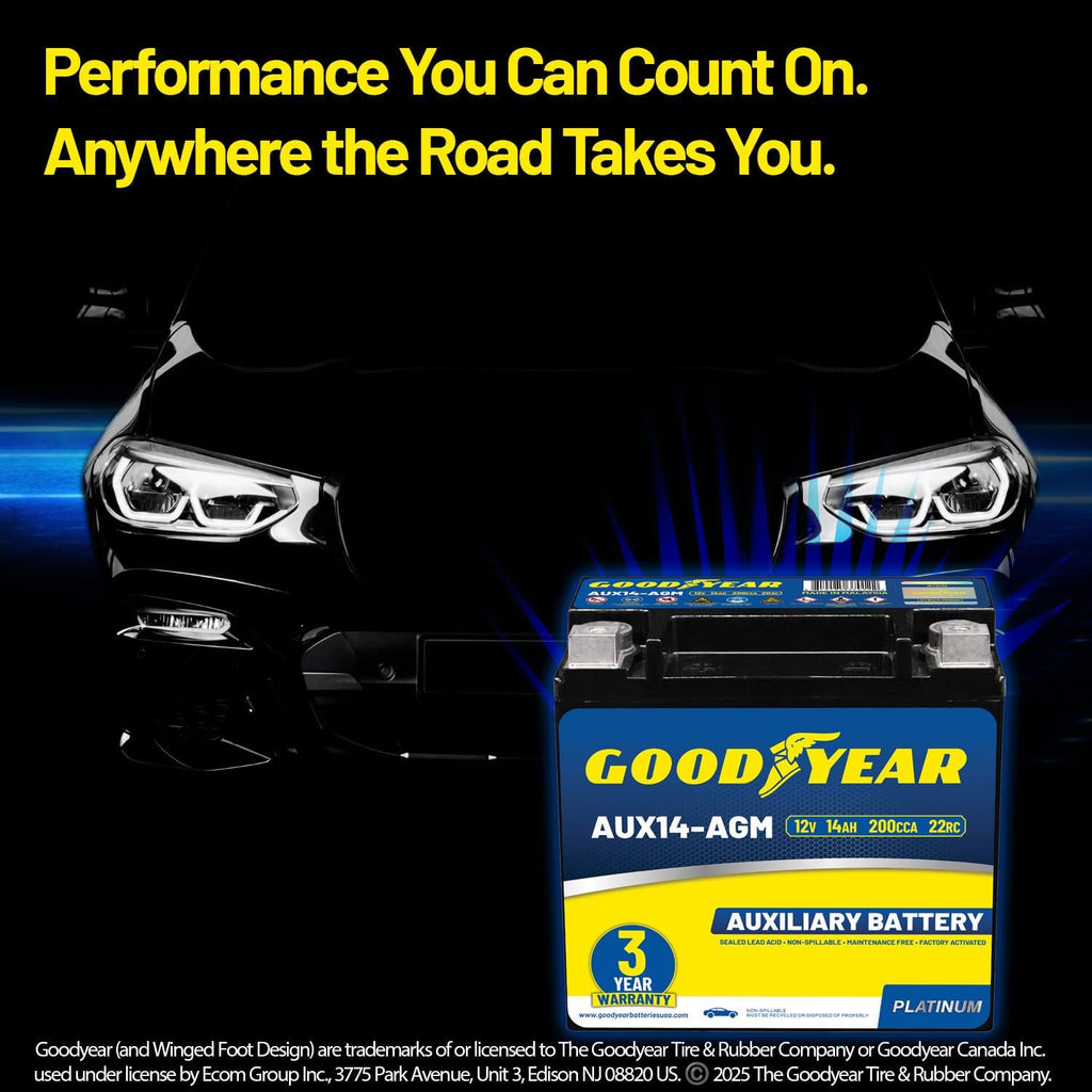 Goodyear AUX14-AGM BCI Group Size 400 12V 14 AH, 22RC, 200 CCA Platinum series Rechargeable AGM Maintenance Free Auxiliary Battery