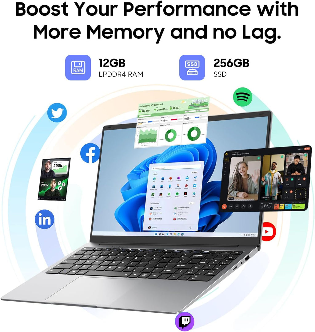 AE86 15.6' Laptop, Celeron N4000, 12GB RAM 256GB SSD, Full HD 1080P Display, Dual-Band WiFi, Mini HDMI, Lightweight Slim Silver Notebook for Business, School, Home