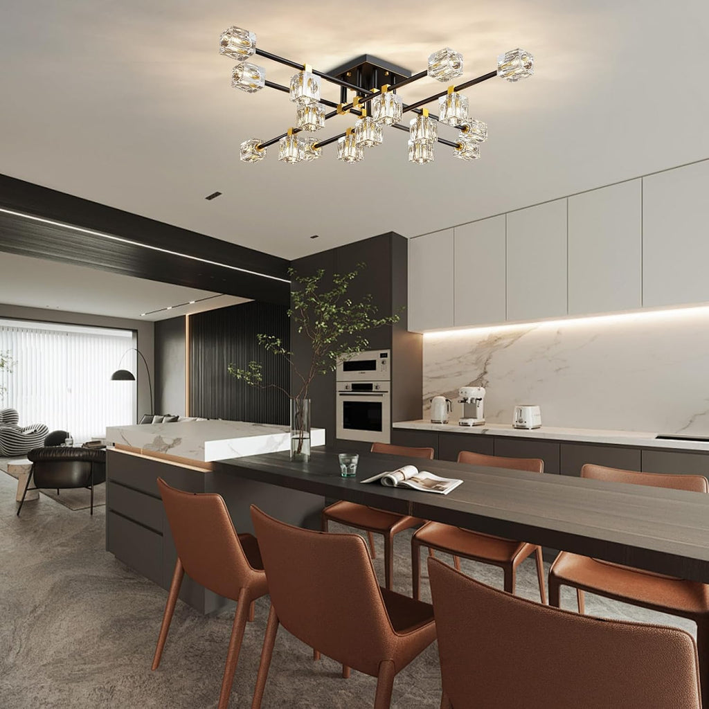 Crystal Sputnik Ceiling Light Fixture，Modern Luxury Black and Gold Chandeliers with 17-Light，Semi Flush Mount Ceiling Light Fixture for Dining Room,Living Room,Kitchen Island,Bedroom.