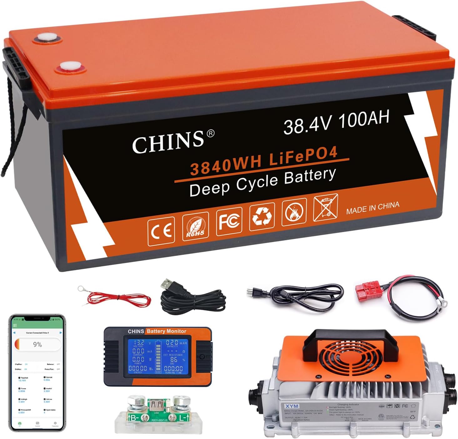 CHINS 36V 100Ah Lithium Golf Cart Battery, Includes 36V 25A Charger, Monitor, Built-in Bluetooth 200A BMS, 4000+ Cycles, 36 Volt Lithium Battery for Golf Cart