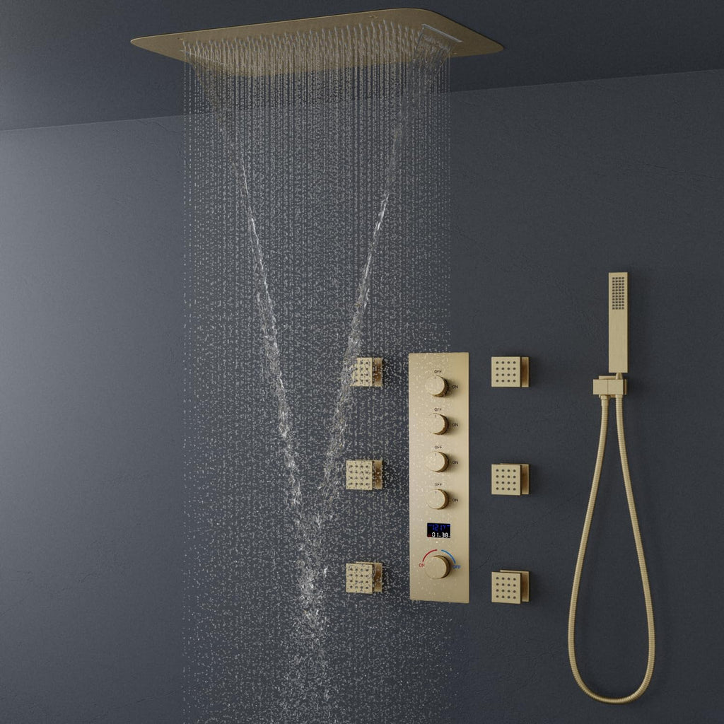 AYIVG Brushed Gold Thermostatic Shower System 16X24 inch Rainfall And Waterfall Shower Set Ceiling Full Body Shower System with Handheld Spray and Digital Display Pressure Balance Valve