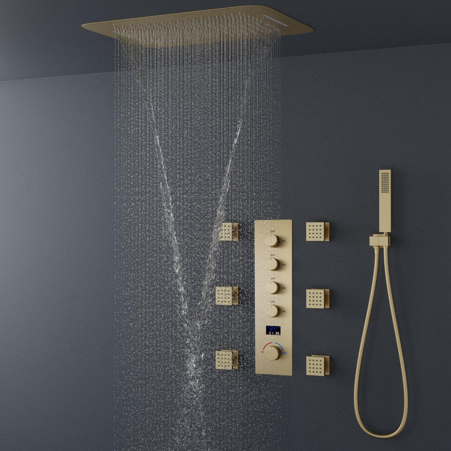 AYIVG Brushed Gold Thermostatic Shower System 16X24 inch Rainfall And Waterfall Shower Set Ceiling Full Body Shower System with Handheld Spray and Digital Display Pressure Balance Valve