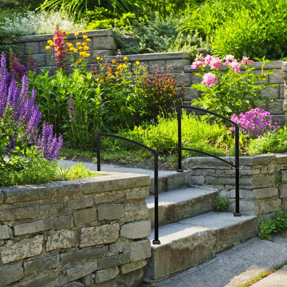 Bathroom handrail,Safety Handrail.Handrails for Outdoor Steps, Stair Handrail Black Wrought Iron Handrail Fits 1-3 Step Wall Handrail Stair Rail Wrought Iron Outdoor Hand Rails with Installation Kit H