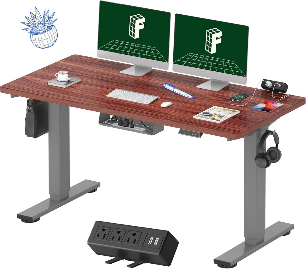 FLEXISPOT EN2 Whole-Piece Standing Desk with Clamp Power Strip, 55 x 28' Electric Stand Up Height Adjustable Desk with Cable Management (Gray Frame + 55' Mahogany Top, 2 Packages)