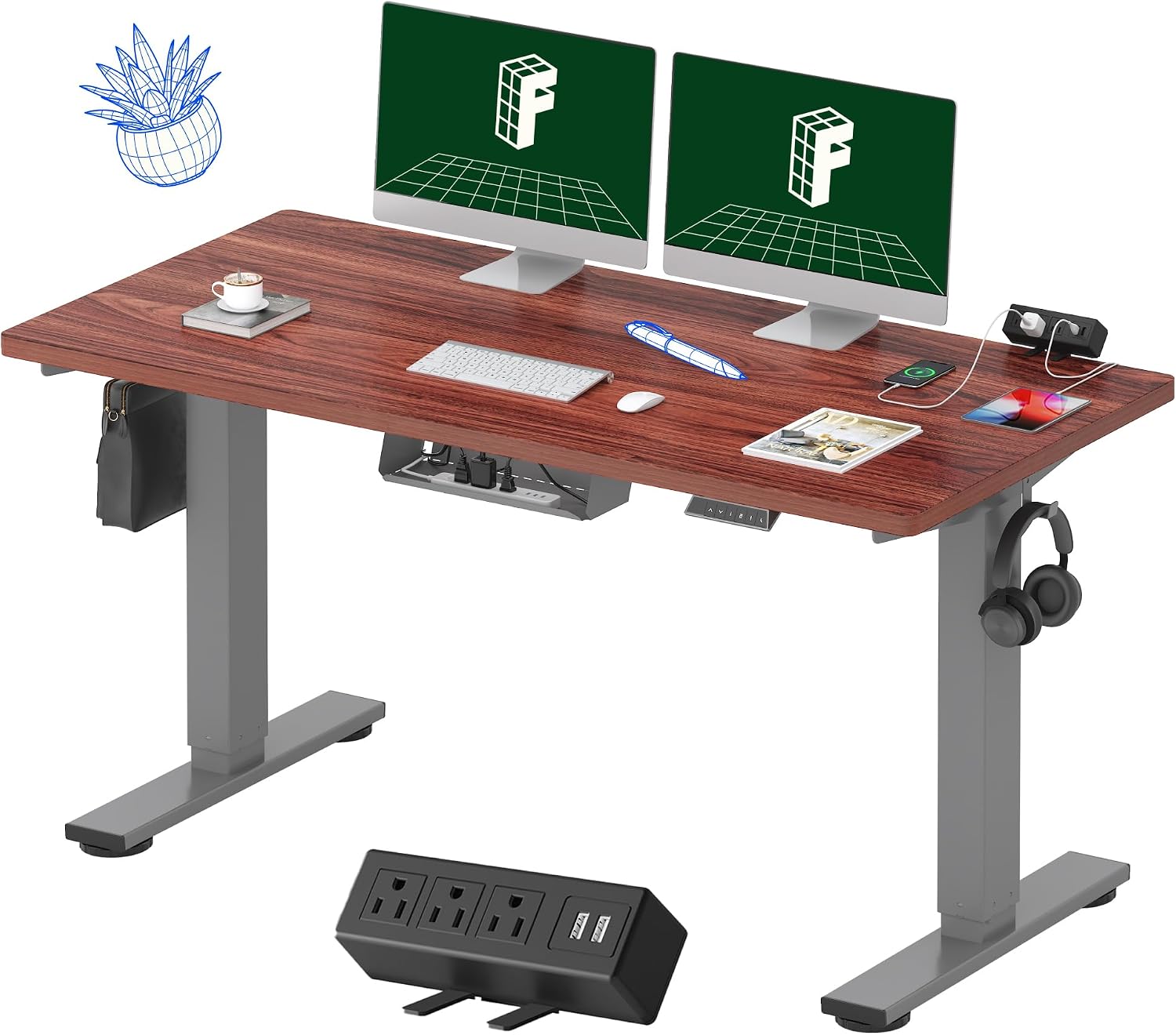 FLEXISPOT EN2 Whole-Piece Standing Desk with Clamp Power Strip, 55 x 28' Electric Stand Up Height Adjustable Desk with Cable Management (Gray Frame + 55' Mahogany Top, 2 Packages)