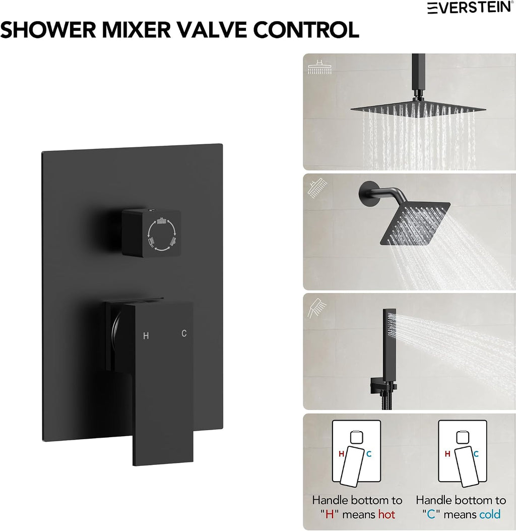 10' High-Pressure Rainfall Shower Faucet, Celling Mount Dual Shower Head System, Matte Black