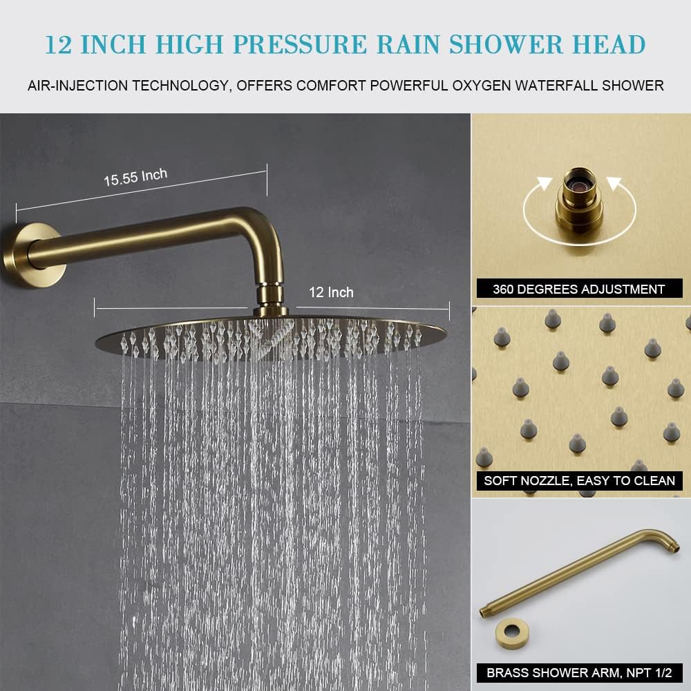 Gold Shower Faucet Set with Tub, High-Pressure Bathroom Brushed Gold Rain Shower Fixture Has 12 Inch Shower Head and Tub, Rainfall Gold Shower System