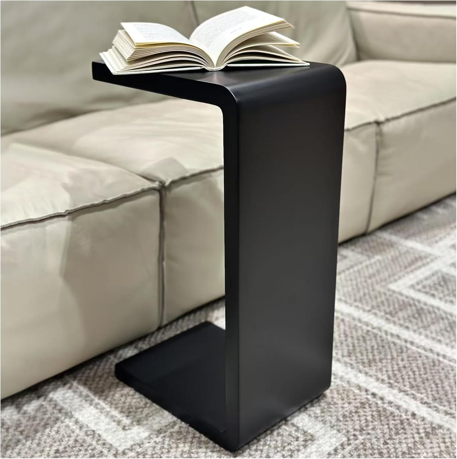C Shaped End Table, Solid Wood Sofa Side Table for Couch, Bed, and Living Room, Space-Saving Small Snack Table for Bedroom, Office, or Balcony, Wooden Nightstand for Laptop and Narrow Spaces