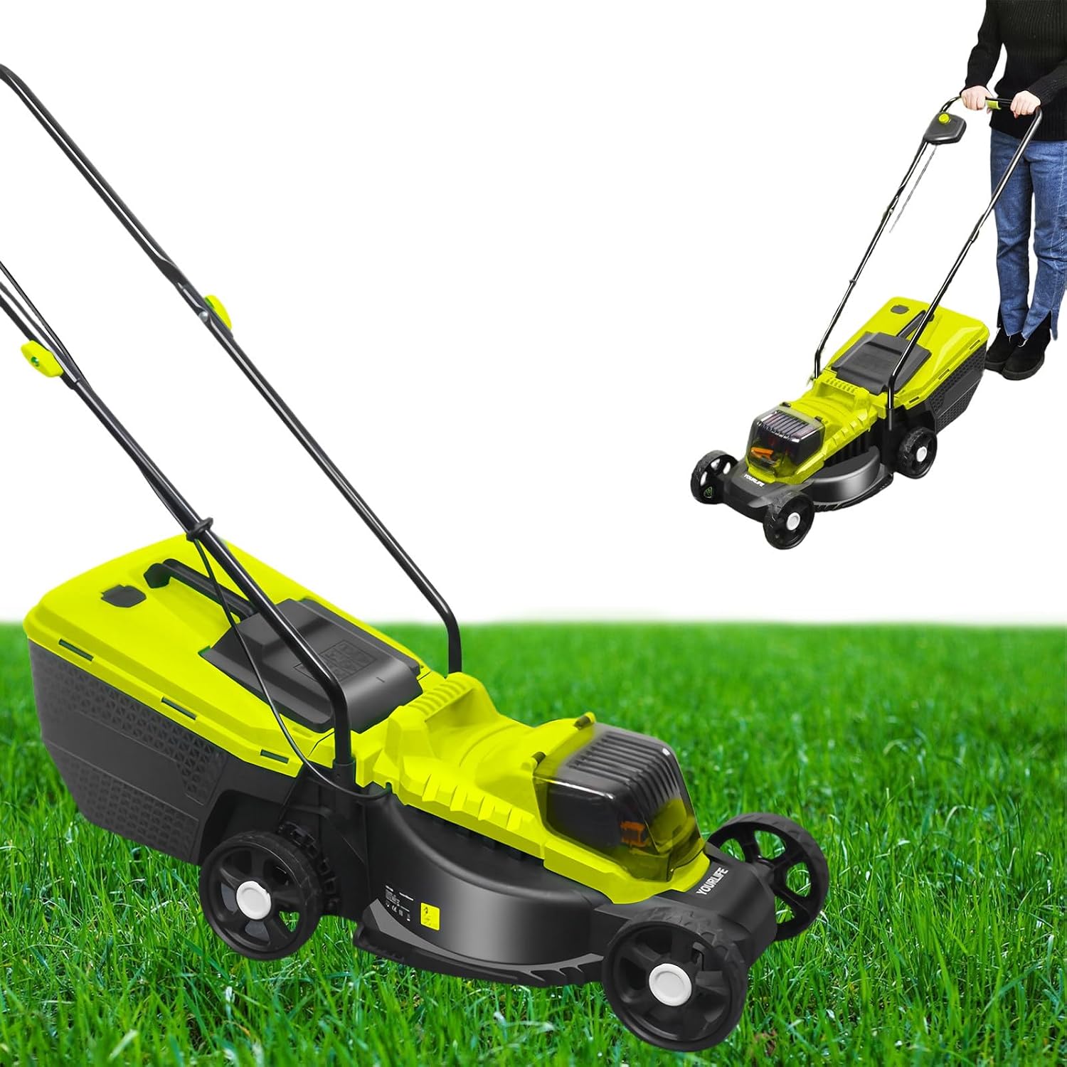 Cordless Lawn Mower, 3400 RPM High Speed Cutting, Cutting Size 33cm, with Dual Batteries, 45l Large Capacity Grass Collection Box, Low Noise, 40v High Power Brushless Motor, Green.