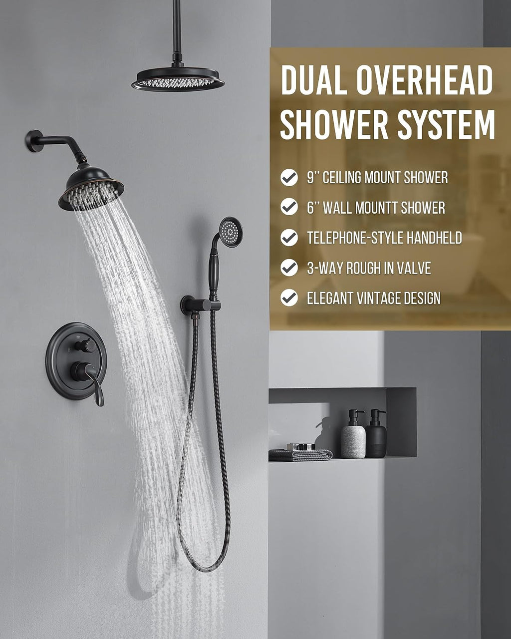 DASAN Antique Dual Shower Head Faucet Set, Oil Rubbed Bronze Dual Rain Shower Head System Complete Double Head Shower Fixture Combo, 9'' & 6'' Dual Rainfall Overhead Shower with Handheld, Valve & Trim
