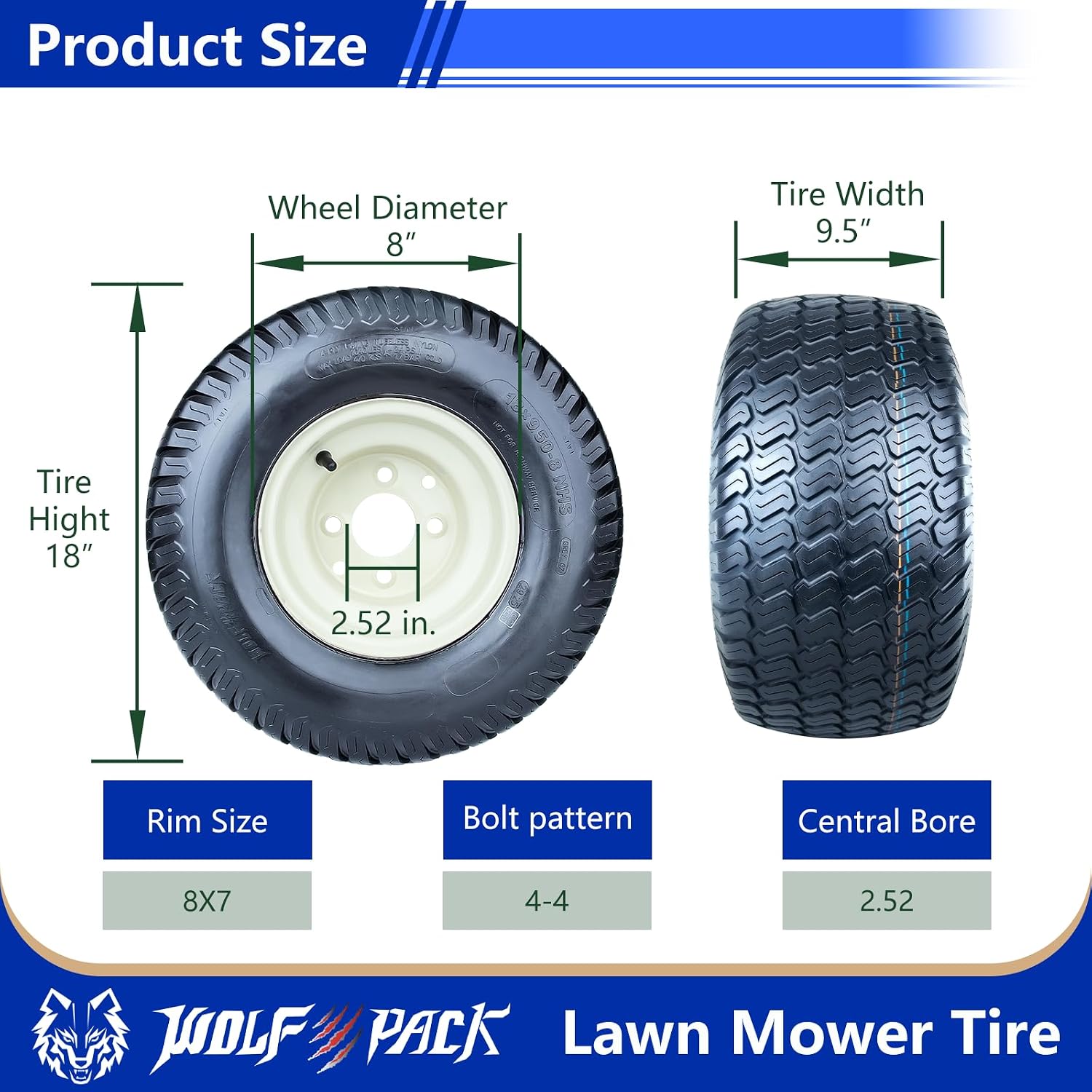18x9.50-8 Lawn Mower Tire and Wheel Assembly,18x9.50-8 Riding Lawn Mower Tire with Rim, 4 Lug 8'x 7' Wheel, 2.52 Central Hole, 4Ply,1040lbs, Set of 2