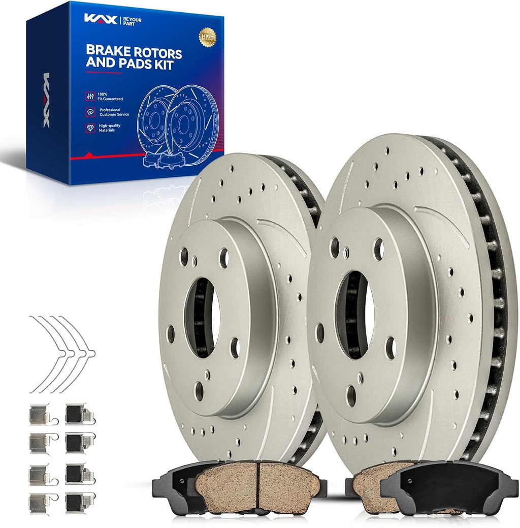 KAX Front Brakes and Rotors for Toyota Camry 1992-2001, Drilled and Slotted Vented Disc Brake Rotor Ceramic Brake Pad Replacement (#3291+D562, 10.03inch, 254.8MM)