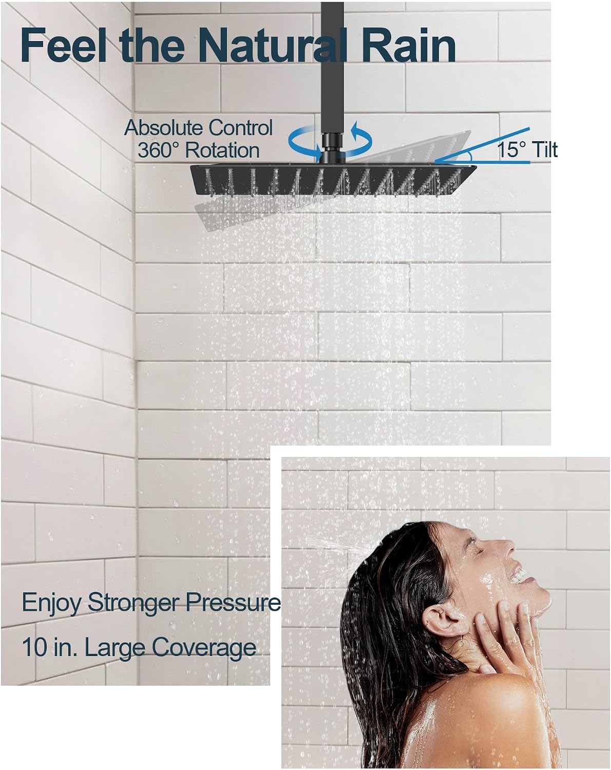 Matte Black 3-Function Shower System with 10' Rainfall & 6' Secondary Shower Head, Handheld Combo Set, Wall Mounted cUPC Certified Pressure Balance Valve