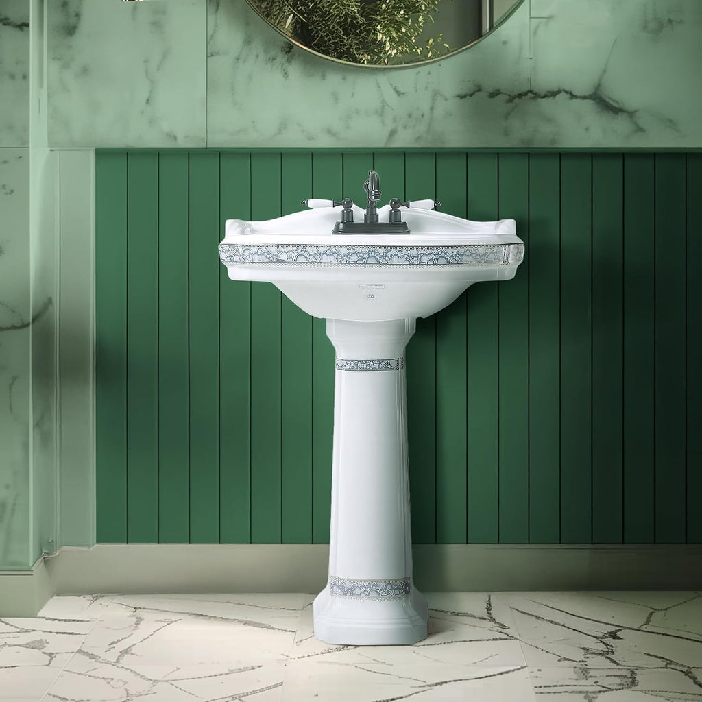 Renovators Supply Manufacturing India Reserve 23' W x 34.25' H x 18.5' Proj. Ornate Blue Gold Bathroom Pedestal Sink, Vitreous China, Compatible with 4 in. Centerset Faucets
