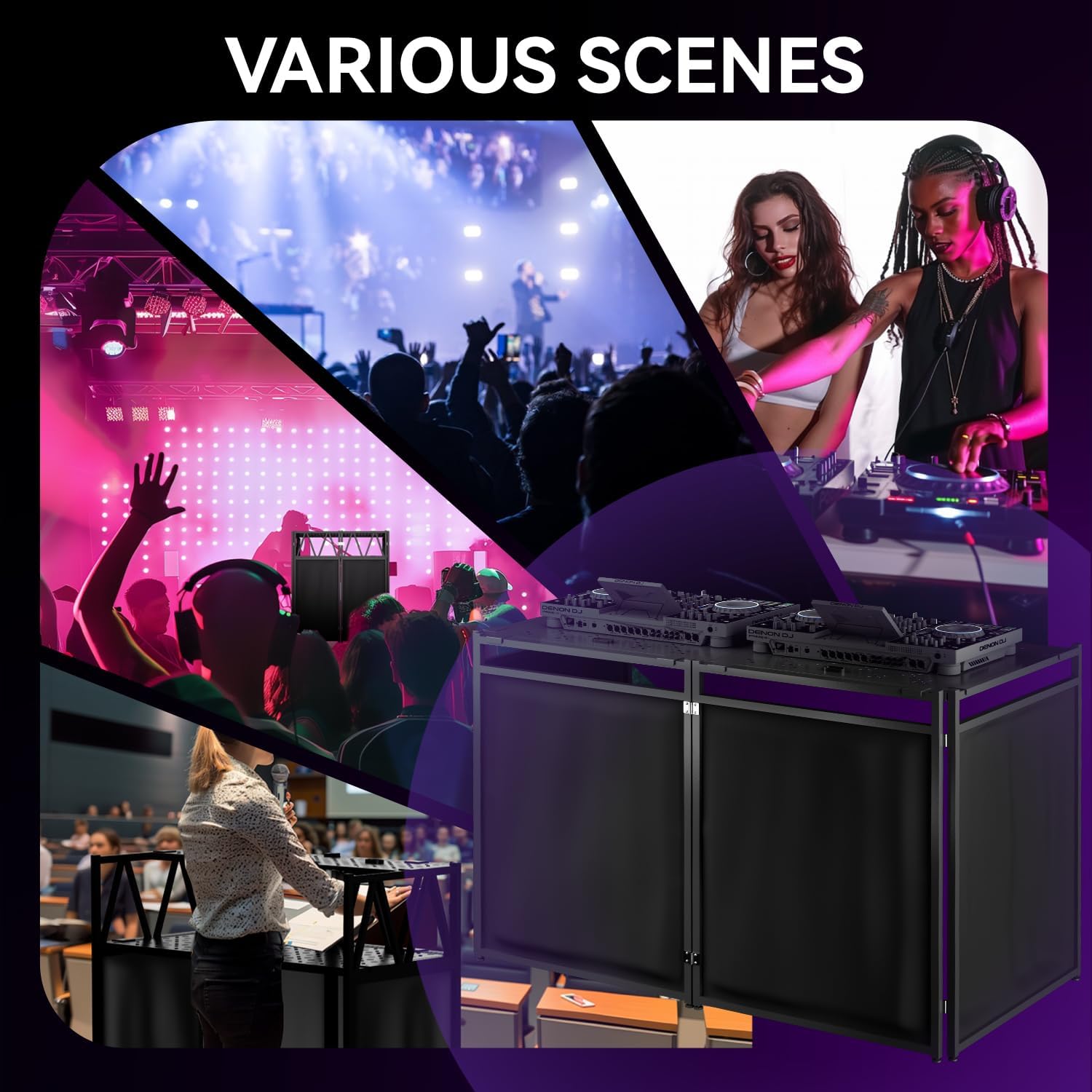 Portable DJ Booth Table,56''x28' Foldable DJ Table Stand Portable with White & Black Scrim,Adjustable D J Facade Tabl e Station Metal Frame D J Tabl e with Cable Hole for Private Events, Clubs, Bars