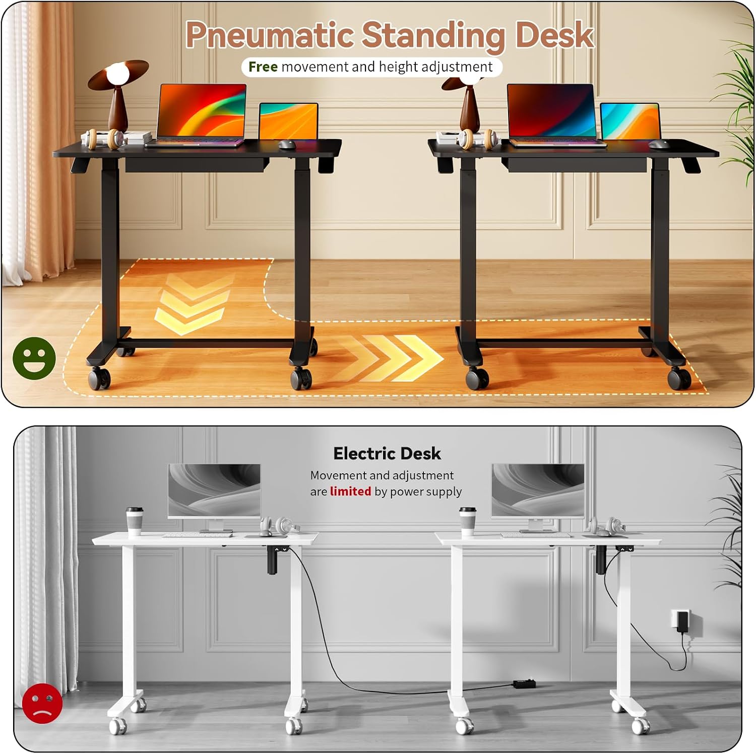 Mobile Standing Desk, 35inch Small Rolling Table with Drawer, Height Adjustable Sit Stand Workstation, Black Portable Laptop Cart with Hidden Wheels or Lockable Casters