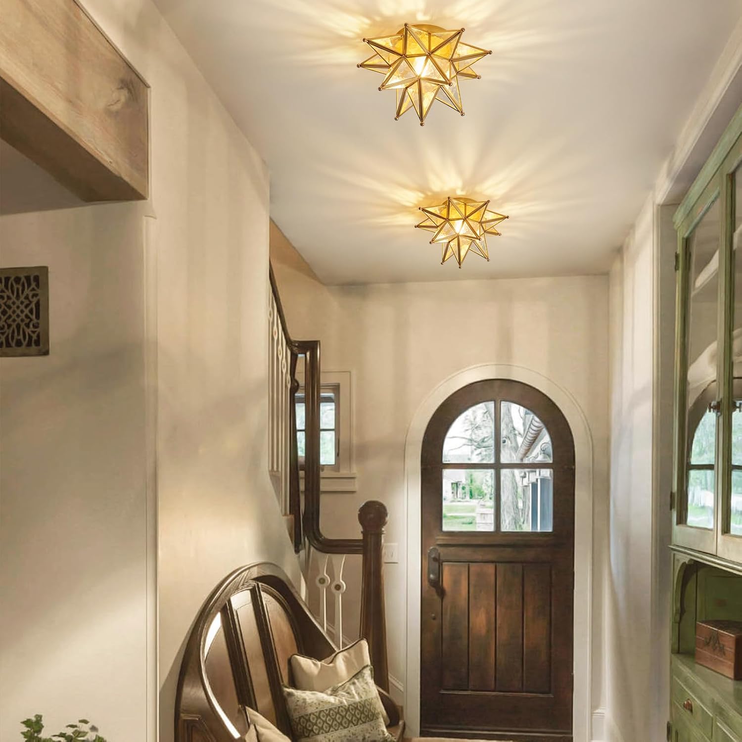 Gold Moravian Star Ceiling Light - 12.7 Inch Brass Vintage Flush Mount Lighting Fixtures with E26 Base - Art Deco Modern Moroccan Glass Fixture Lights for Hallway Kitchen Farmhouse Bedroom Entryway